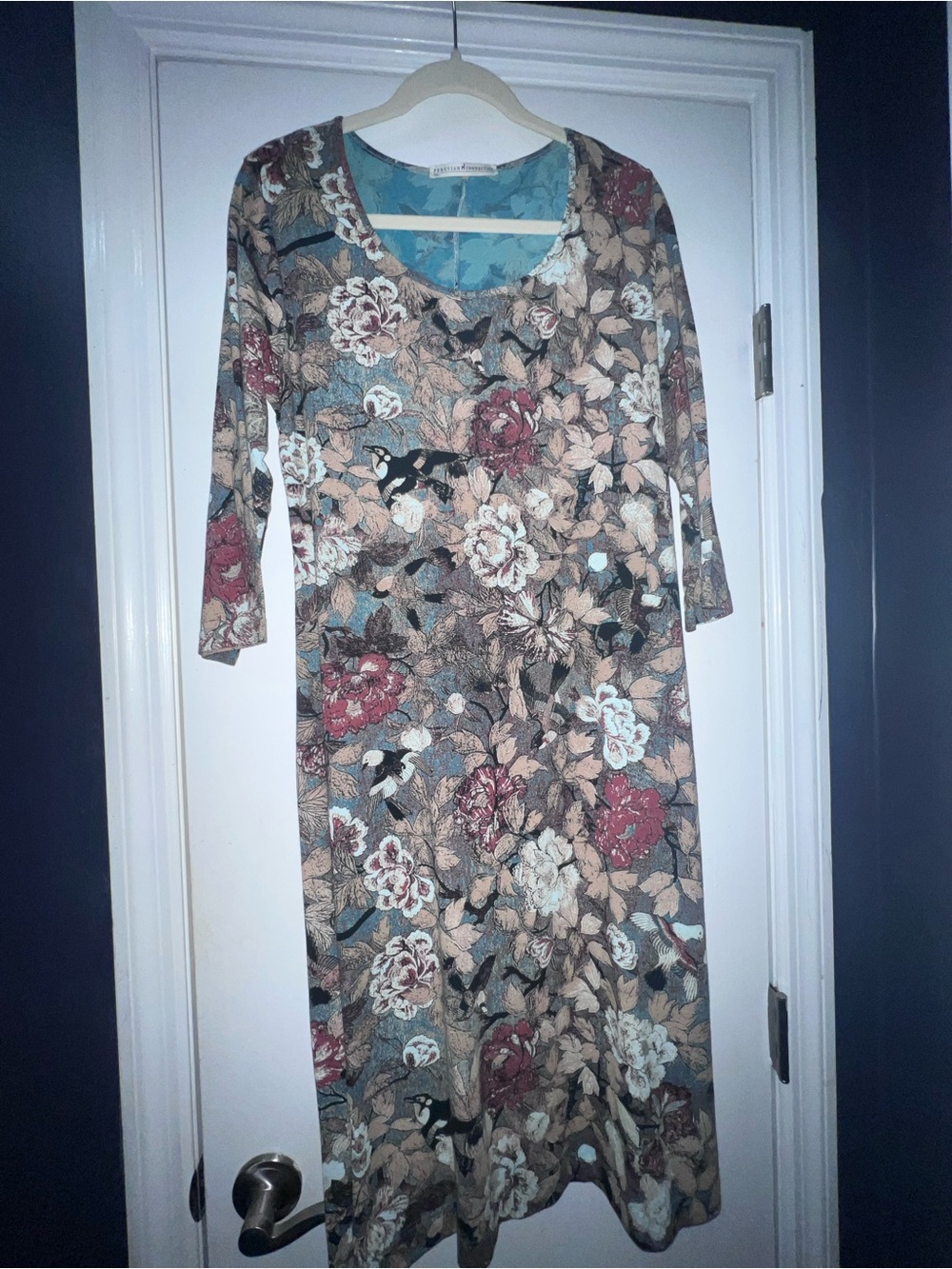 Peruvian Connection Long-Sleeve Floral Midi Dress in Teal, Red, Cream